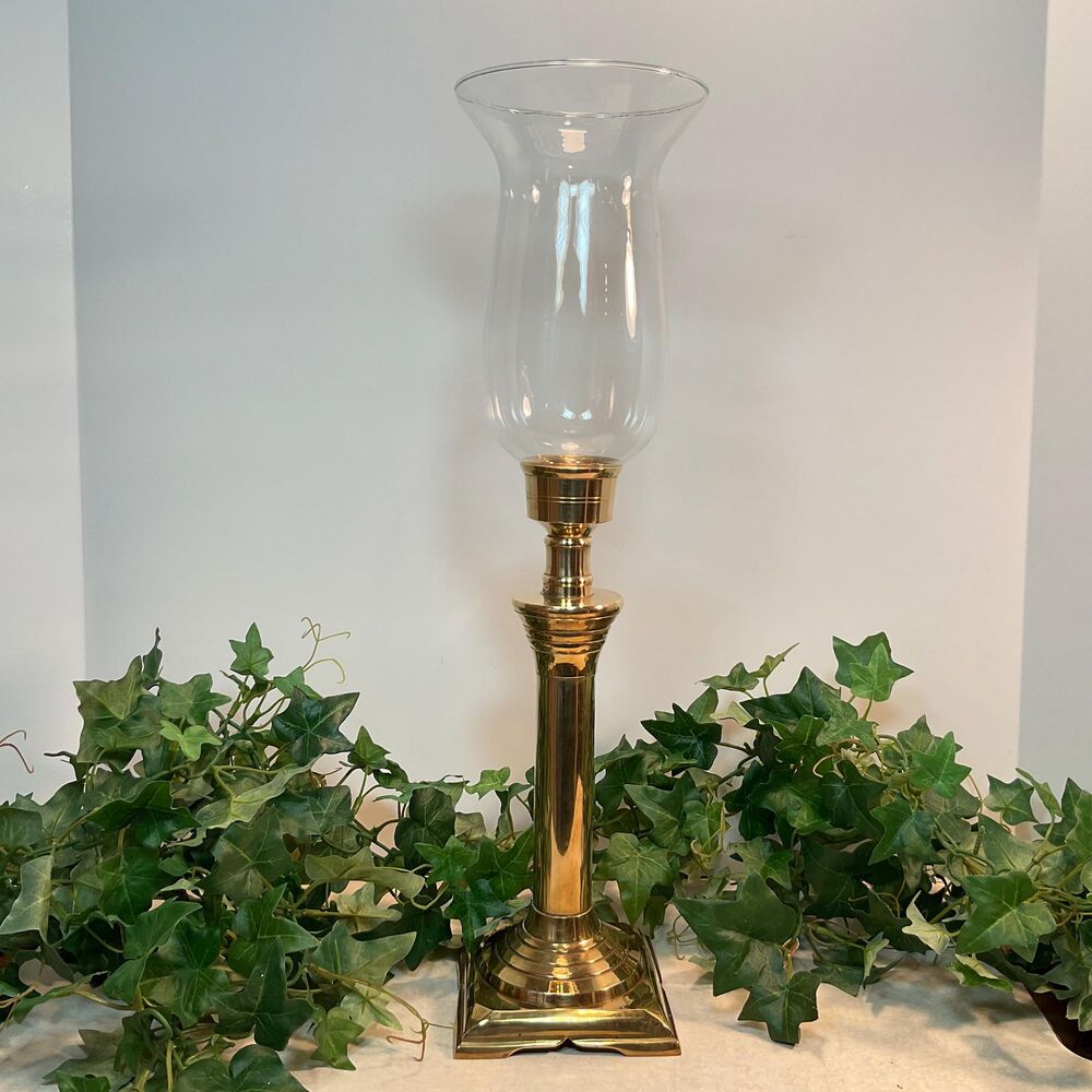 Vintage Polished Brass Candle Holder w Glass Chimney Hurricane